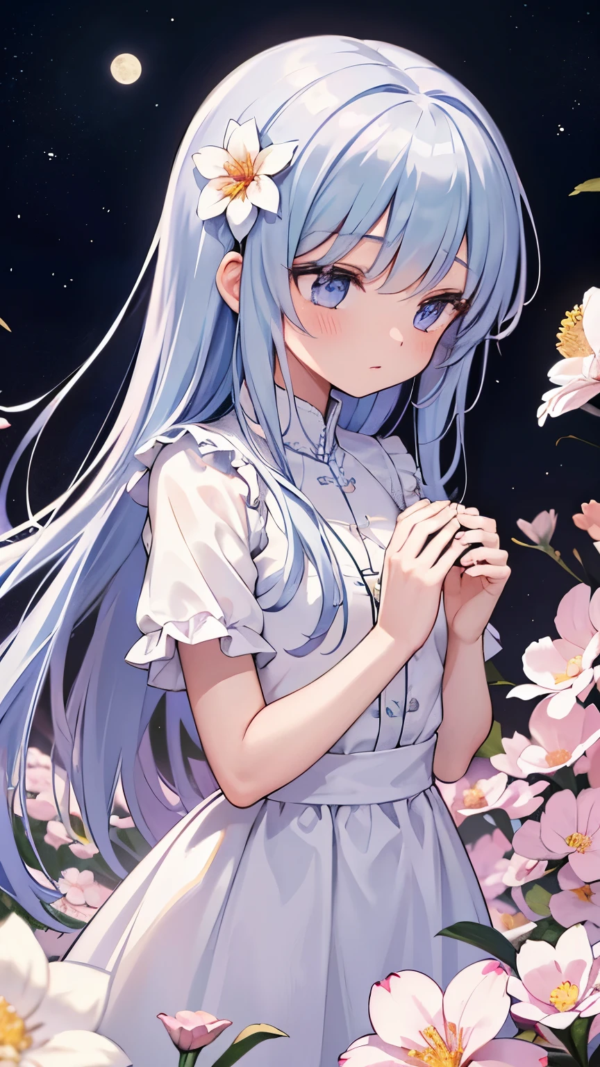 Anime girl with blue hair and white dress standing in a field of ...