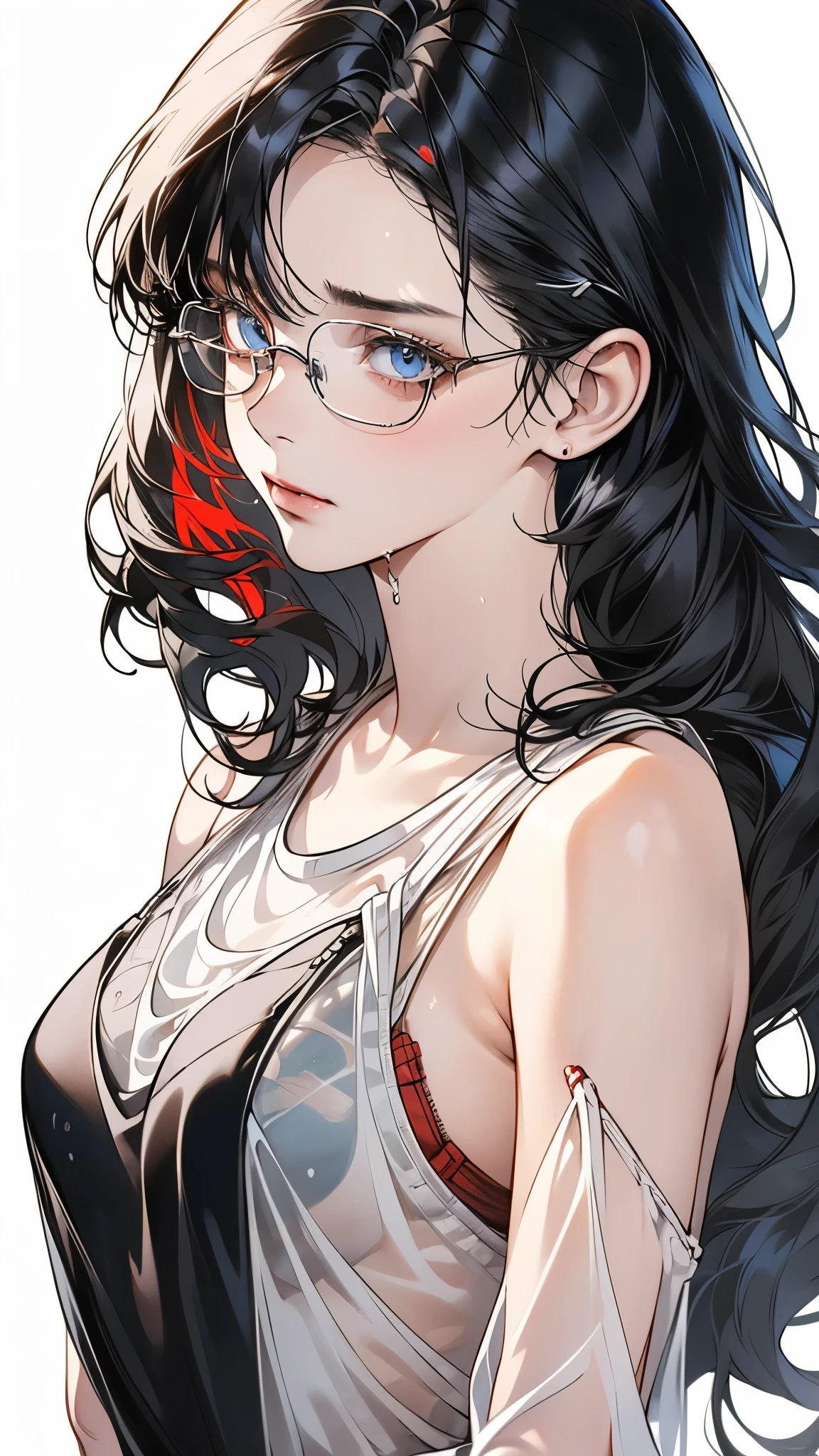 1 female,black hair, ,((impatient look)),beautiful breasts,thin white tank top,good style,,(facing the front)(((cheeks turn red、surprised expression)),(),((( upper body portrait)))frameless glasses,blue eyes,(((The bangs are even)))((See-through))sexy bra(wet state)