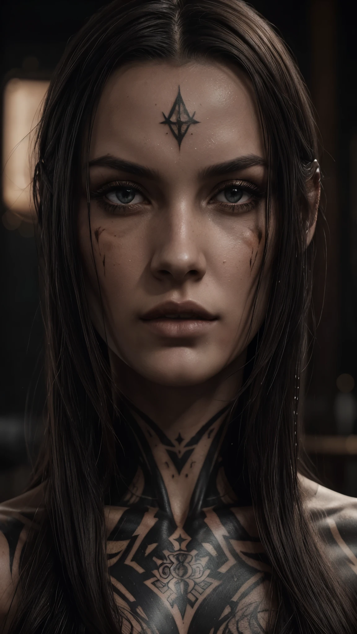 Half portrait of a slender woman, tattooed character, fantasy long black hair, detailed, Bright, bronze rustic filter effect, toned and defined physique, Intense red eyes, Epic Battle Scars, Divine Complexion, and dark hair radiates a powerful aura, cinematic focus, A high resolution, A high resolution, unreal engine 5, Resolution 8K, incredibly highly detailed visuals