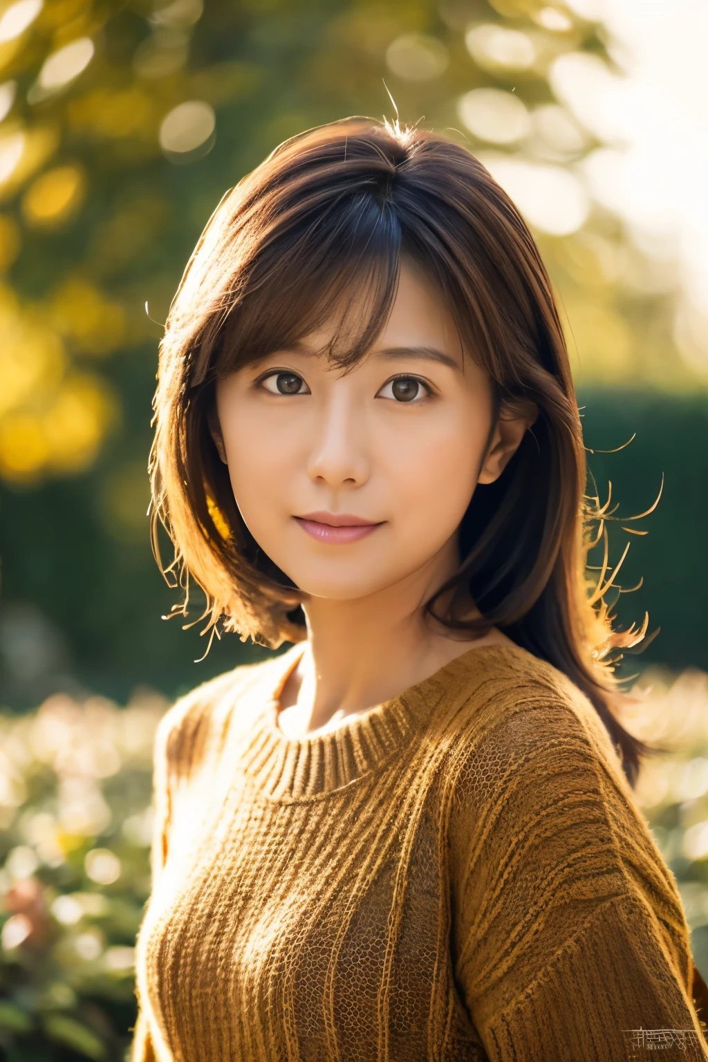 portrait, 8K, high quality, realistic photo images, 39 years old, japanese woman, clear,sexy, Wearing a knitted sweater,Reproduces natural and realistic eyes, japanese stand, waiting for someone, beautiful brown hair, beautiful lighting, golden ratio composition, hair combing gesture, natural background, garden, 4K, high quality, realistic photo images, beautiful, chest, Neat beauty,