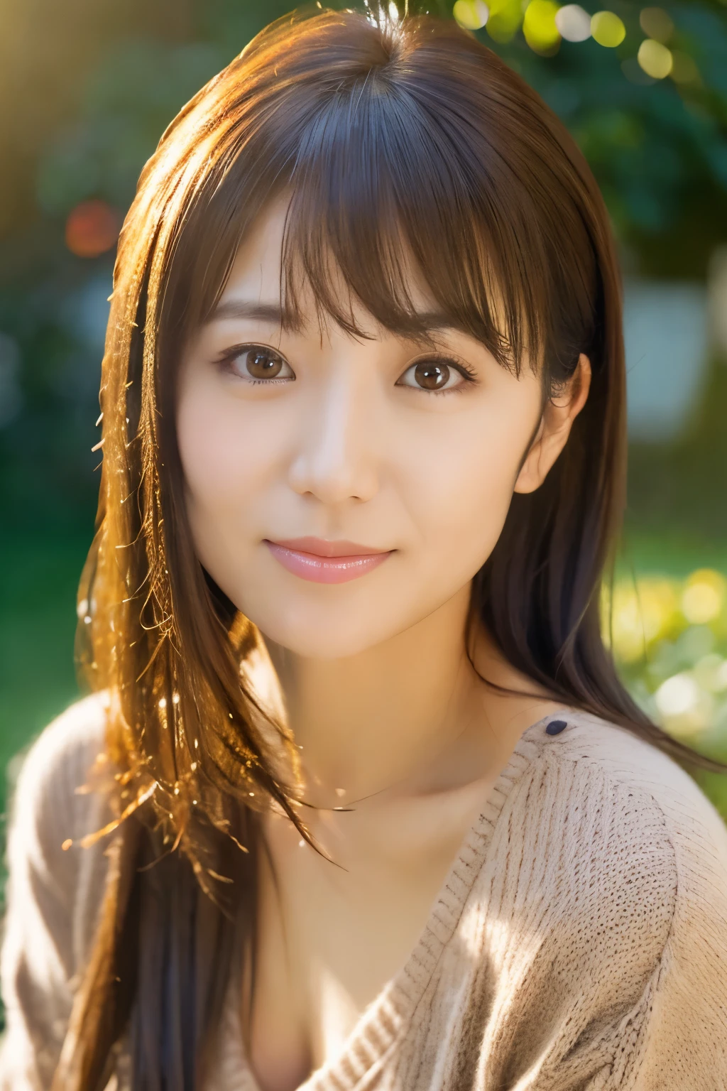 portrait, 8K, high quality, realistic photo images, 39 years old, japanese woman, clear,sexy, Wearing a knitted sweater,Reproduces natural and realistic eyes, japanese stand, waiting for someone, beautiful brown hair, beautiful lighting, golden ratio composition, hair combing gesture, natural background, garden, 4K, high quality, realistic photo images, beautiful, chest, Neat beauty,