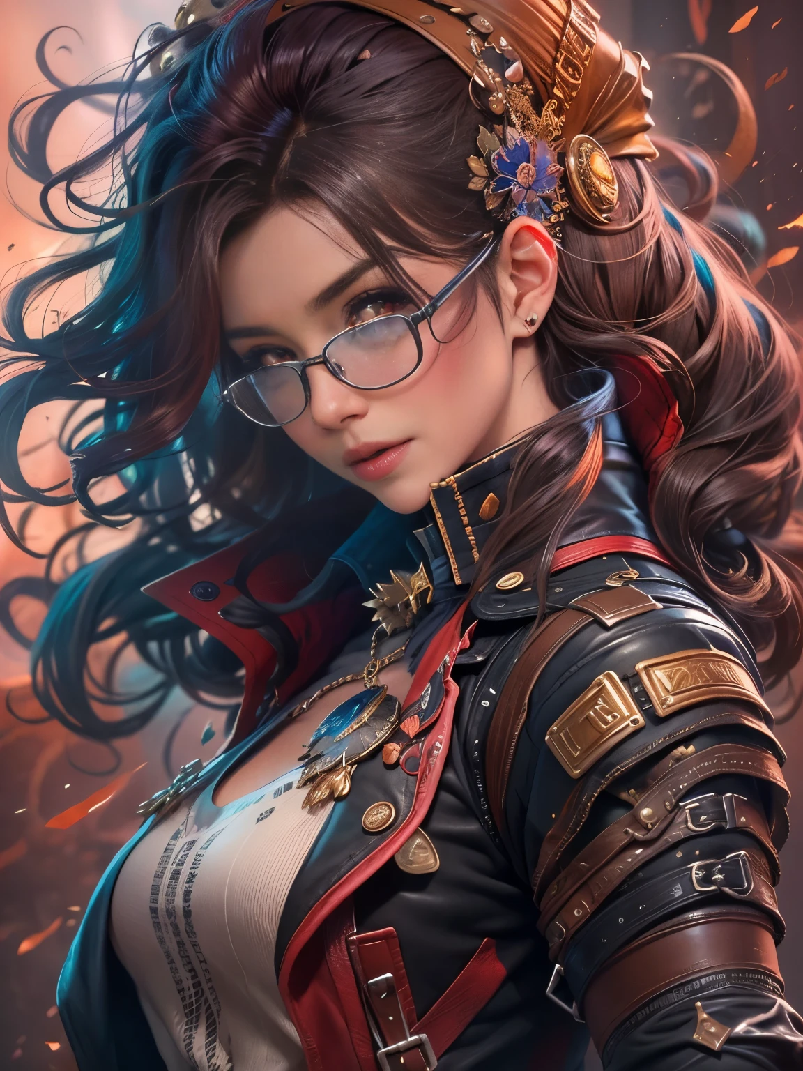 fotorealistisch, Hohe Auflösung, Spielfiguren, 1 Schöne Frau, Gewellte Frisur, Lederjacke im Steampunk-Design, Hintergrund Außerweltlicher Hintergrund im japanischen Stil – eine Illustration, die an den Anfang einer Geschichte erinnert, dynamische pose, dramatisch, lebendige Farben. 