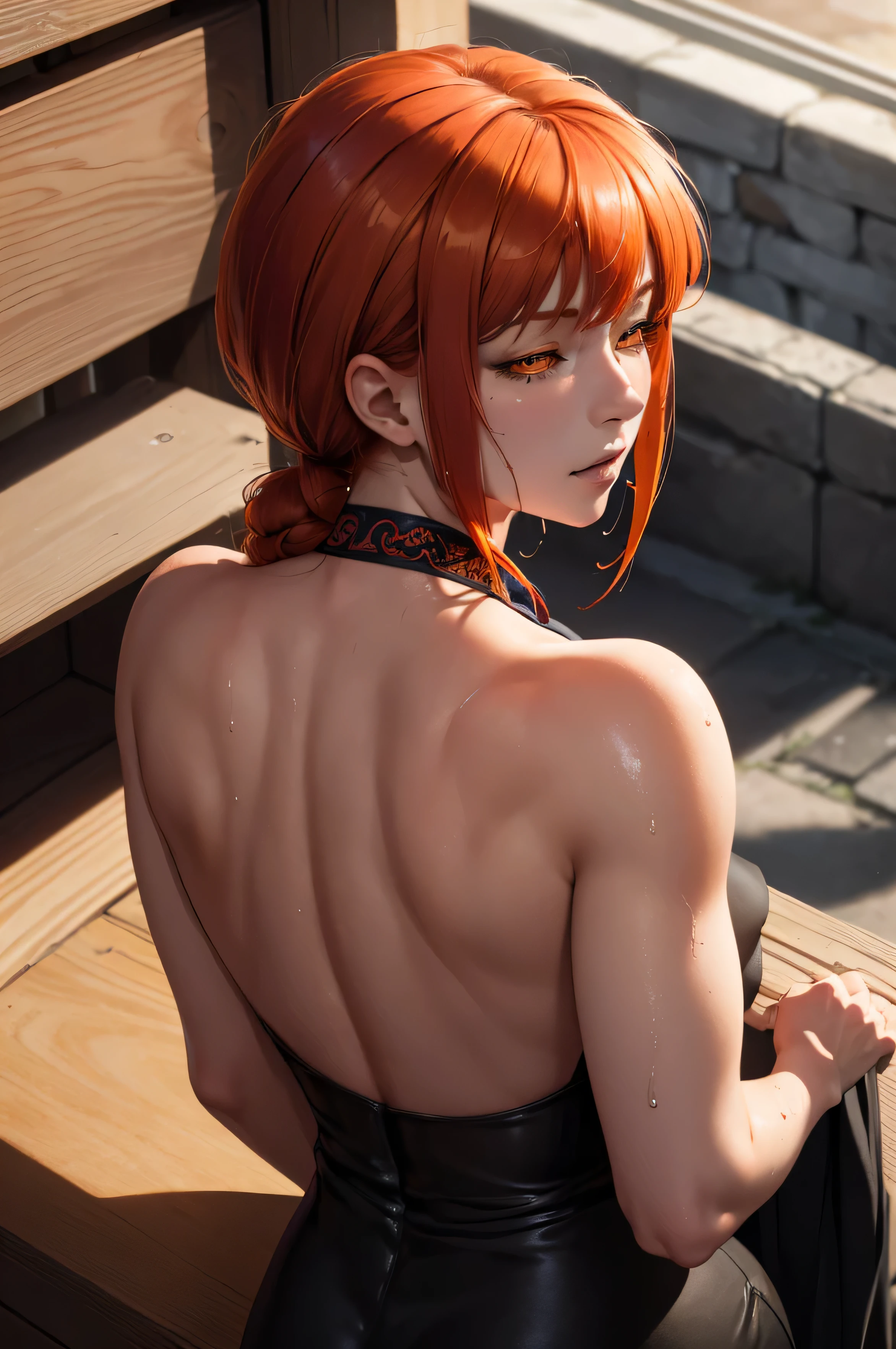 (masterpiece, best quality, solo, intricate details, chromatic aberration), realistic, makima , half-closed_eyes, from behind, looking at viewer, close-up, orange eyes, long red hair, wet skin,  Suit And Tie, 