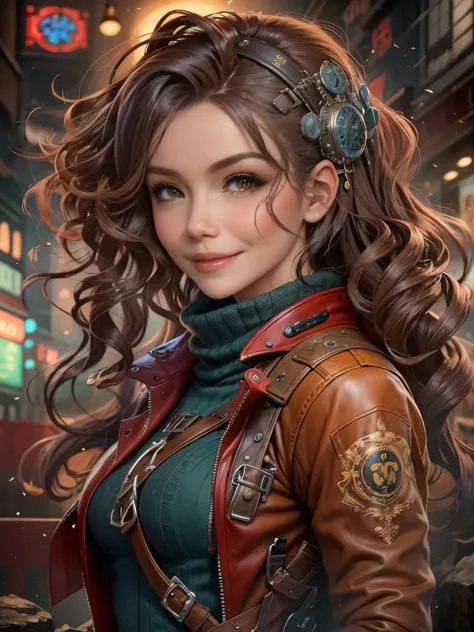 photorealistic, high resolution, game characters, 1 beautiful female, wavy hairstyle, leather jacket with a steampunk design, ba...