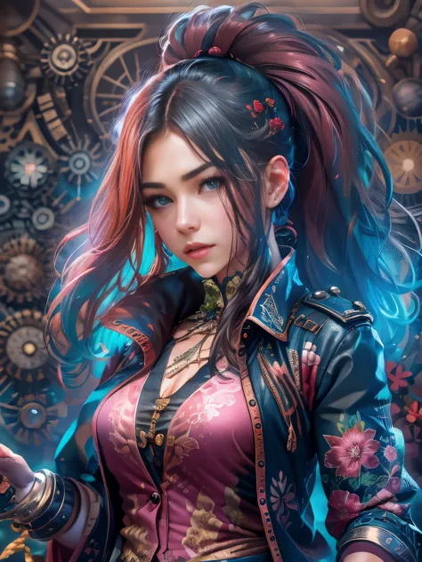 photorealistic, high resolution, game characters, 1 beautiful female, pink blue long hairstyle, leather jacket with a steampunk ...