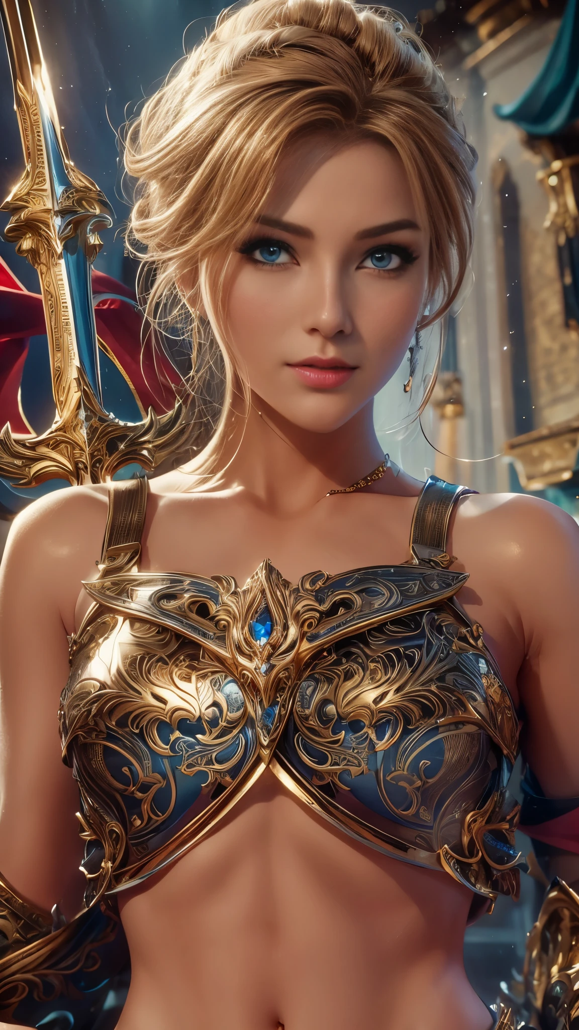 (RAW shooting:1.5, Photoreal:1.5, 8k, highest quality, masterpiece, ultra high resolution), medieval europe, world of magic and swords, perfect dynamic composition:1.2, Mysterious:1.3, Highly detailed skin and facial textures:1.3, cute and sexy slim female warrior, beautiful and aesthetic:1.2, cute and sexy beauty, perfect style, wear elaborate rings, Pose of brandishing a large sword, fire, water, Wind, thunder, ice, Fair skin, very beautiful face, (Medium chest, Chest gap), (embarrassing smile, The expression on your face when you feel intense caress, Facial expression when feeling pleasure), (sexy gold metallic armor:1.1, off shoulder, Navel exposure), (beautiful blue eyes, Eyes that feel beautiful eros:0.8), (Too erotic:0.9, Bewitching:0.9), full body shot, Ancient castle in the background