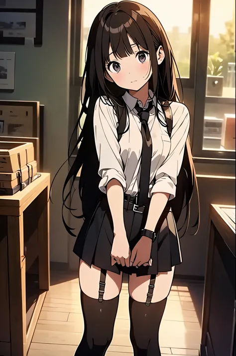 brown hair、looking at the viewer　　suspenders　　　big swollen breasts　　 　 　　　　black mini skirt　garter belt　knee high socks　　　　　　Aerial perspective　　　small face　bangs 　　　　　Beauty　　hands up　　 　sideways view 　black boots 　provocation　　　one person 　　　cutter shirt...