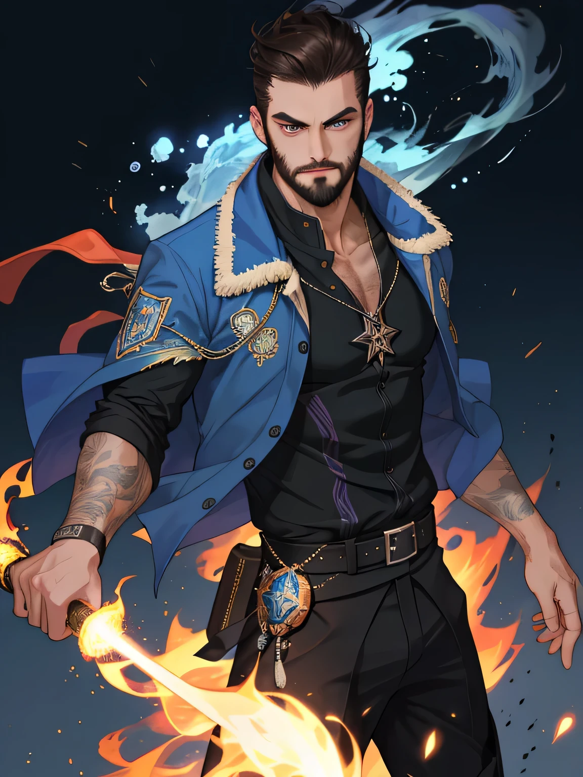 Masterpiece, top quality, Man, взрослый Man ((50 years)), yad, detailed face ((dark eyes, dark short hair, short beard)), magic, airbender, dynamic pose, ((look at the viewer)), natural light, blue medallion on chest, magic воздуха