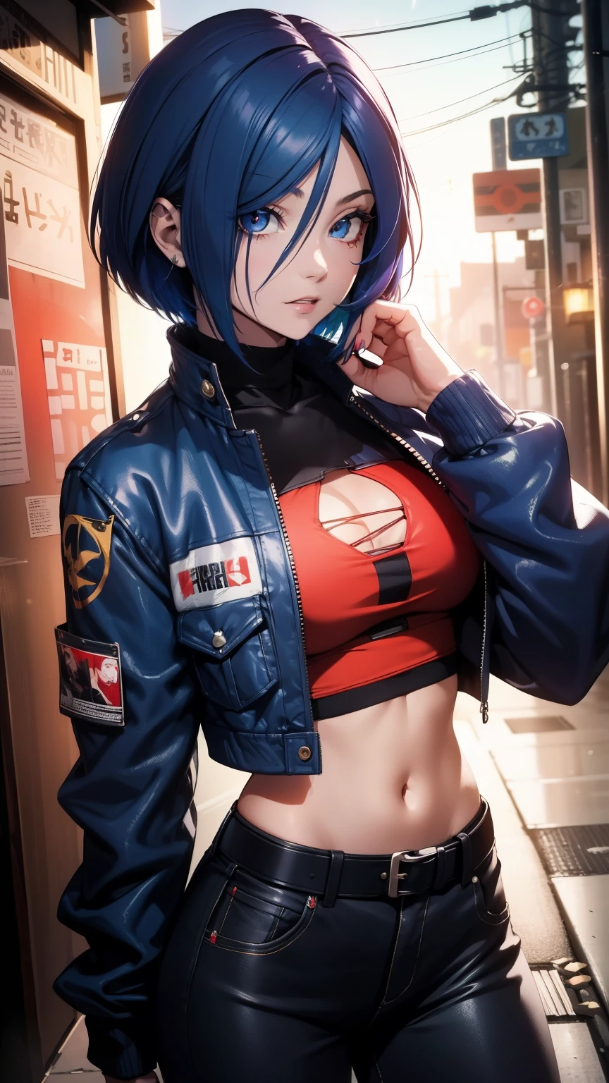 Obra-prima,Detalhado,High resolutions:1.4) , Foto del modelo, fechar, Rosto detalhado, Olhos finos e detalhados,, (Kirishima Touka),medium blue hair,ojo ghoul,retro jacket,Tokyo Ghoul,Fundo retrofuturista, cores vibrantes, hdr,, ,