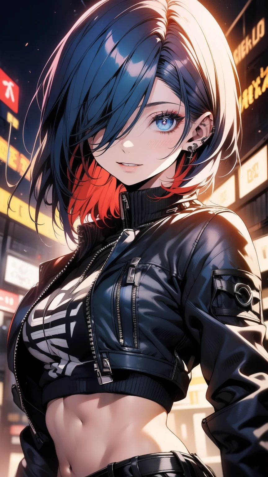 Obra-prima,Detalhado,High resolutions:1.4) , Foto del modelo, fechar, Rosto detalhado, Olhos finos e detalhados,, (Kirishima Touka),medium blue hair,ojo ghoul,retro jacket,Tokyo Ghoul,Fundo retrofuturista, cores vibrantes, hdr,, ,