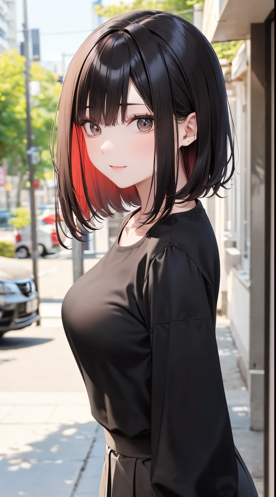 Anime girl with red hair and black dress standing on sidewalk - SeaArt AI