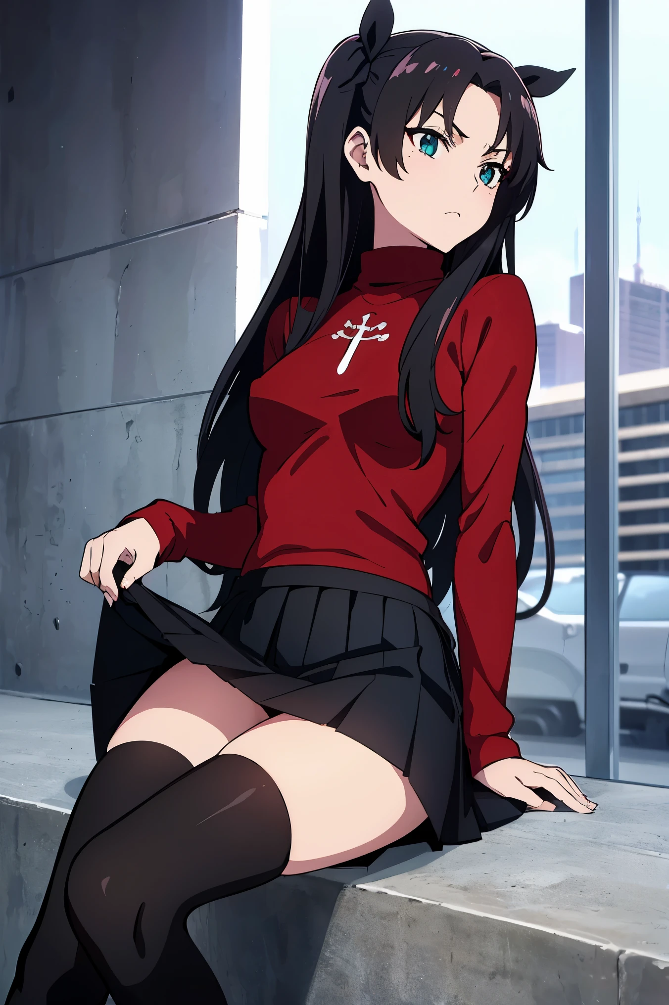 Anime girl sitting on ledge with red shirt and black skirt - SeaArt AI