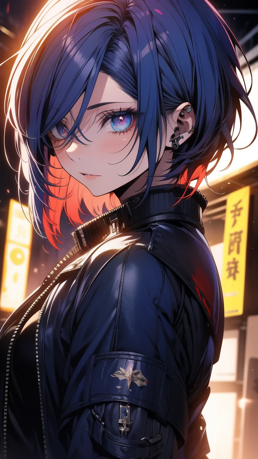 Obra-prima,Detalhado,High resolutions:1.4) , Foto del modelo, fechar, Rosto detalhado, Olhos finos e detalhados,, (Kirishima Touka),medium blue hair,ojo ghoul,retro jacket,Tokyo Ghoul,Fundo retrofuturista, cores vibrantes, hdr,, ,