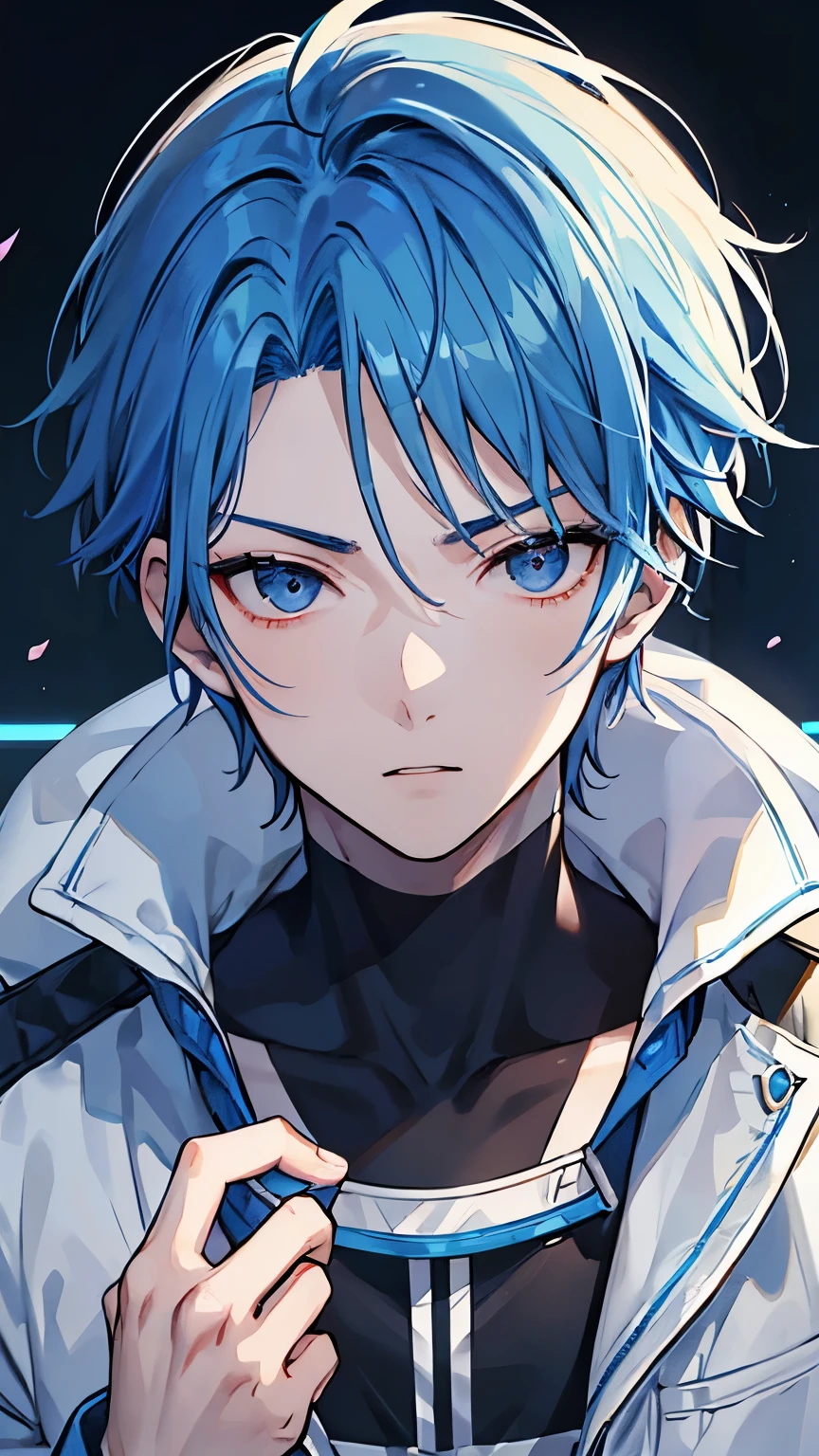 Anime boy with blue hair and blue eyes in a white jacket - SeaArt AI