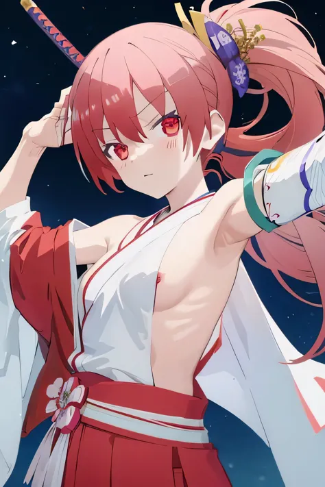 girl　topless　Shoulders are sticking out　in the same way　point the sword at yourself　Hachimaki　