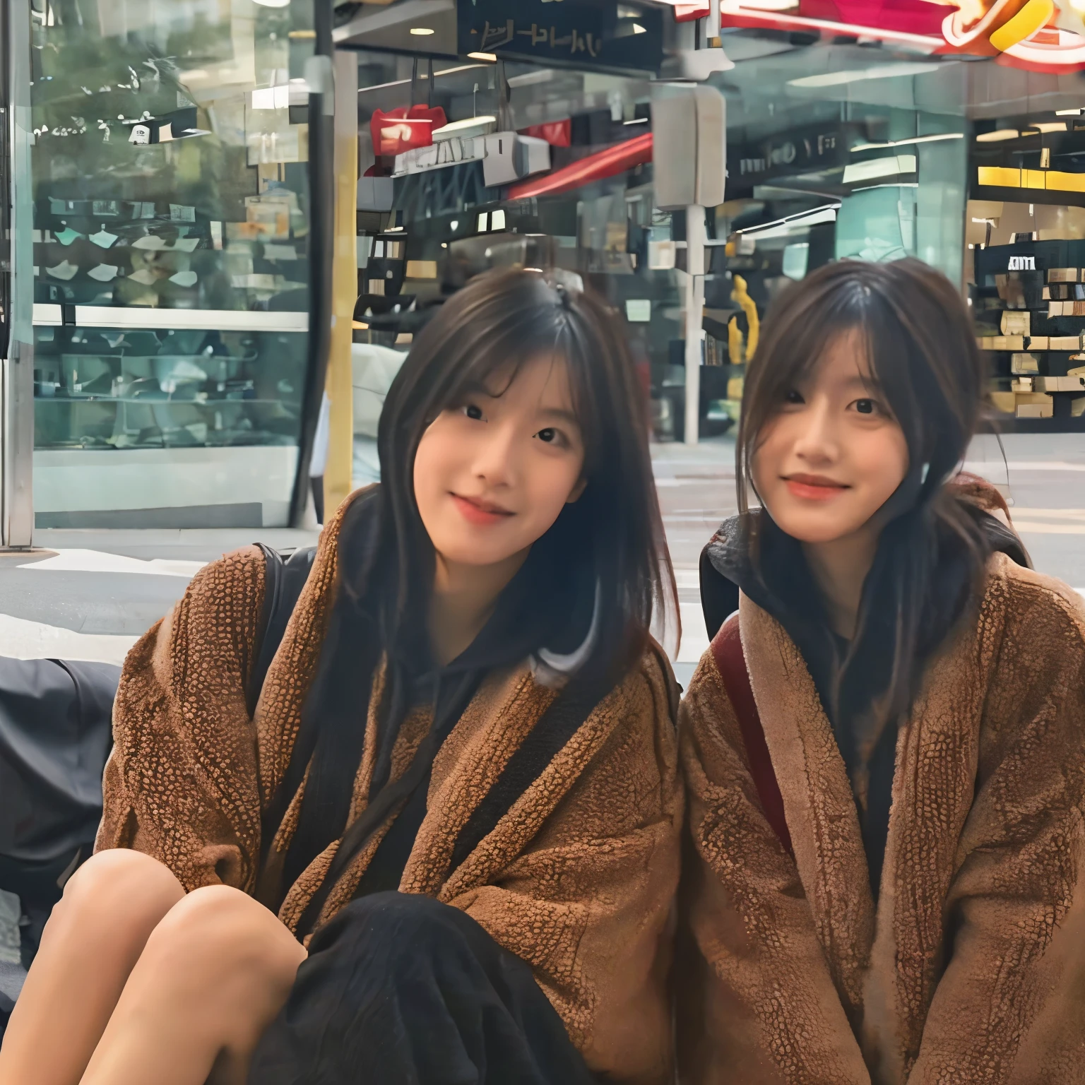 Two asian women sitting on a bench in front of a store - SeaArt AI