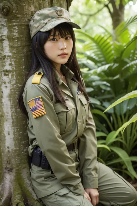 A woman in military uniform and holding a rifle sits on a tree, soldier girl, forest hunter woman, infantry girl, sniper girl in...