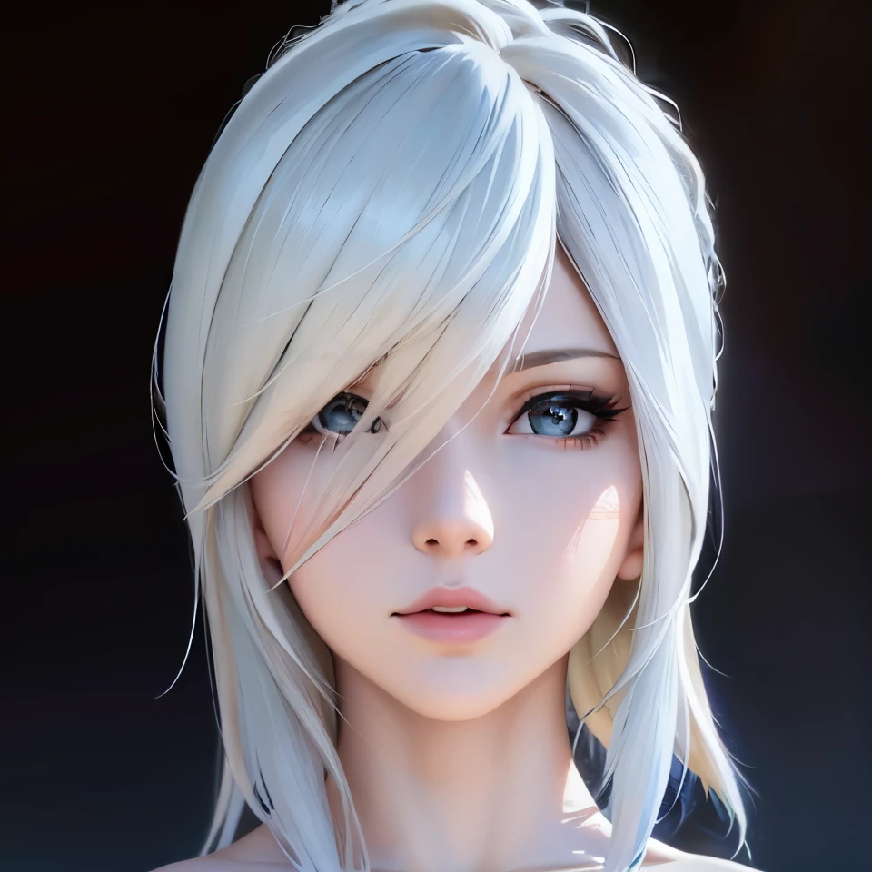 close-up de uma mulher com cabelos grisalhos e sufocada,  com cabelos grisalhos, tifa lockhart com cabelo branco, photorealistic rendering of anime girl, perfect cabelos brancos girl, cabelos brancos, jovem anime realista, Impressionante retrato de rosto de anime,  com cabelo branco curto, Cabelo branco, retrato detalhado de garota anime, arte cg de anime suave, anime 3d realista