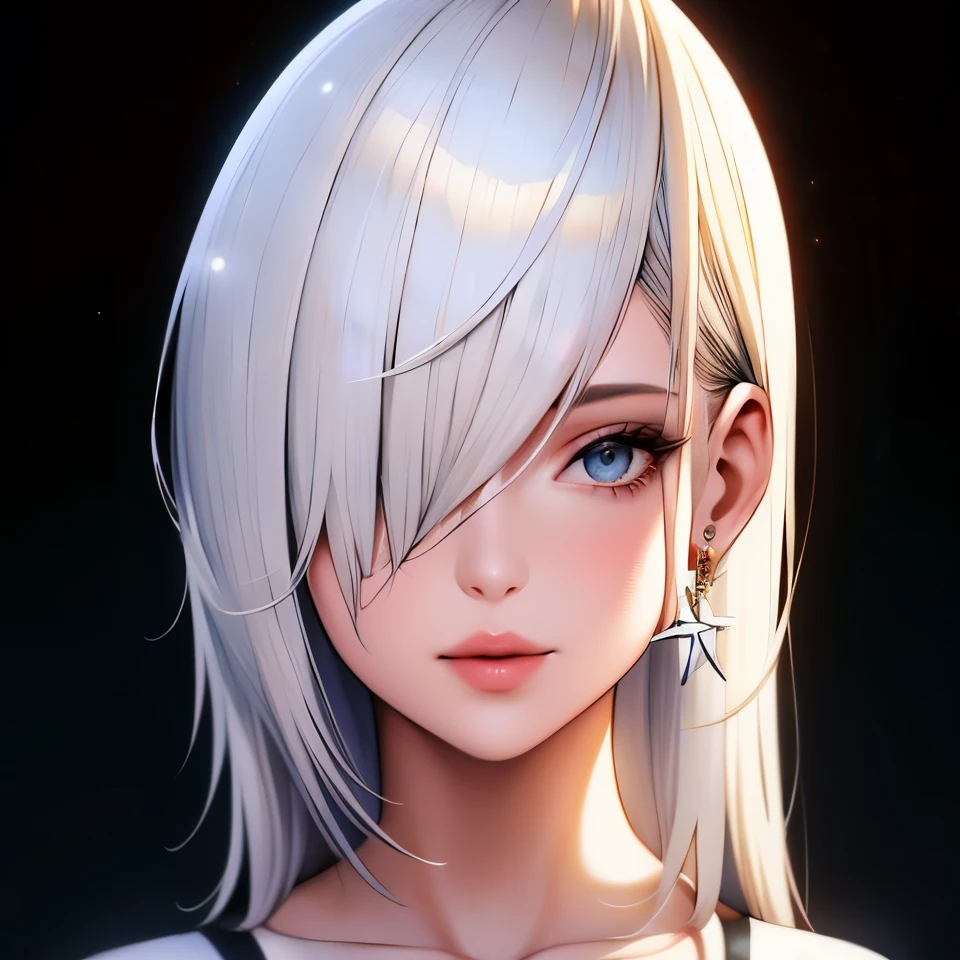 close-up de uma mulher com cabelos grisalhos e sufocada,  com cabelos grisalhos, tifa lockhart com cabelo branco, photorealistic rendering of anime girl, perfect cabelos brancos girl, cabelos brancos, jovem anime realista, Impressionante retrato de rosto de anime,  com cabelo branco curto, Cabelo branco, retrato detalhado de garota anime, arte cg de anime suave, anime 3d realista