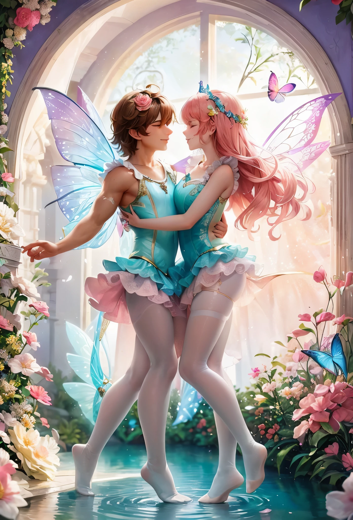 a man and woman dressed in fairy costumes and beautiful white tights are hugging in a garden, beautiful fairies, fairies, fairy dancing, faeries, beautiful fantasy art, fairy aesthetics, fantasy fairytale story, romance fantasy movie, fairy cgsociety, fantasy art behance, romance novel cover, very beautiful fantasy art, re-raphaelite fairies, fairycore, magical fairy background, 🌺 cgsociety