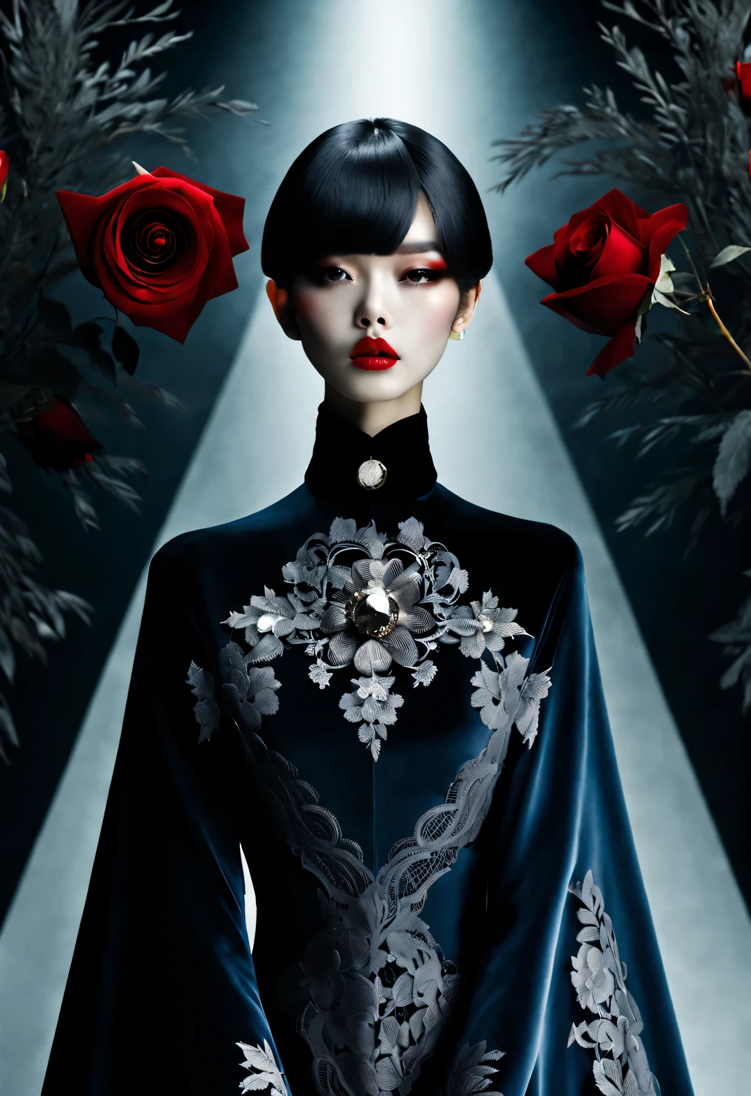 （fashion show），beautiful model，gothic art，Dream，Use the Glow Photography Style，
collar，reveal without revealing，curve，纵向thin and long，Gorgeous，Black色丝绒
廓形：fit and tight，Acute triangle，straight line，streamline，shoulder color：Black，red navy，dark，dark green，Various solid color fabrics：velvet，satin，lace，net，PVC,eraser，leather pattern：cross，lace，badge，rose flower elements：Opera Style Capes and Capes Makeup and Hairstyle Keywords：towering，thin and long，华丽curve，Religious elements。reveal without revealing，sharp corner shape，
sense of quantity:Mature，Medium to Big，Beautiful and detailed，（Just one stunning close-up of the face），Gothic makeup，（大量Black色和白色烟雾漂浮围绕着这张脸：0.65），Only the mouth is red，lots of white space，White Rose，Black珍珠首饰，simple white background，