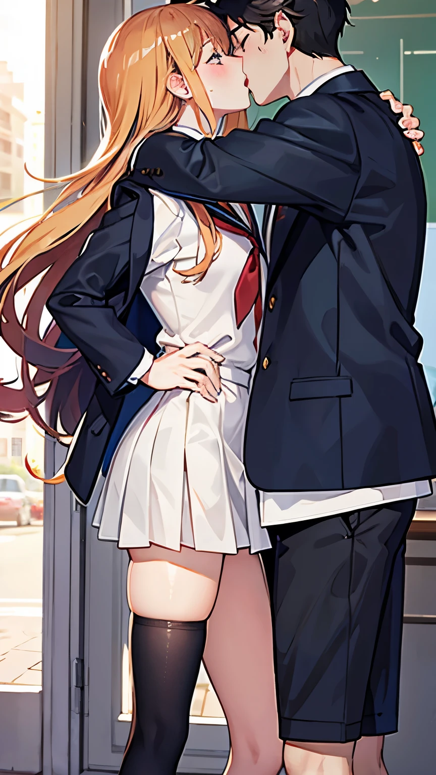 Anime - style image of a man and woman kissing in a classroom - SeaArt AI