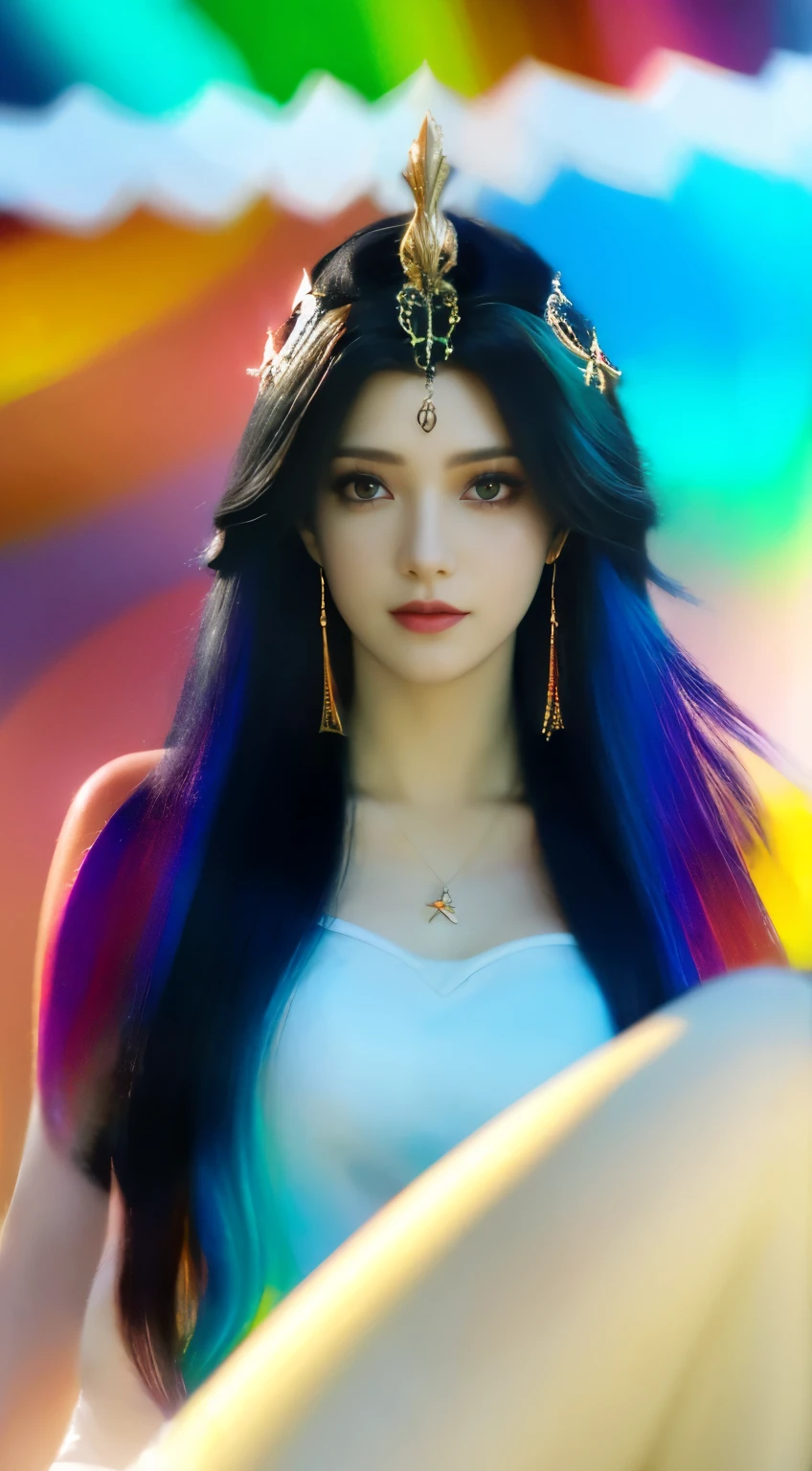 {{masterpiece}}, best quality, Extremely detailed CG unified 8k wallpaper, light, lens flare, beautiful details eyes, Black,  multi color hair, rich and colorful light, particle, heterochromia, (rich and colorful:1.5), (rich and colorful hair:1.5),spread legs，Expose pussy，No obstructions，coquettish，transparent