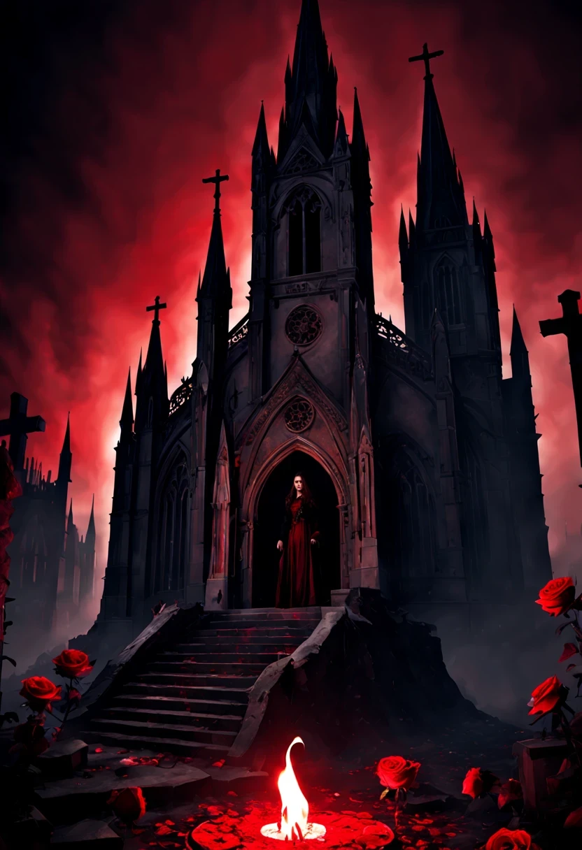 （Messenger from hell：1.4），cross，one个巨大的吸Blood鬼，View of sickle from below，hell，magma，flame，（紫色flame：1.3），There is fresh Blood on the ground，Blood pool，dripping Blood，Gothic aesthetics，one、Rose、castle、cross、Blood、churchyard，gothic style的神秘、solemn and profound，gothic style，gothic style蕾丝的衣服、象征浪漫的Rose、grave、吸Blood鬼、witch、ruins、gothic cathedral，Gothic symbols series