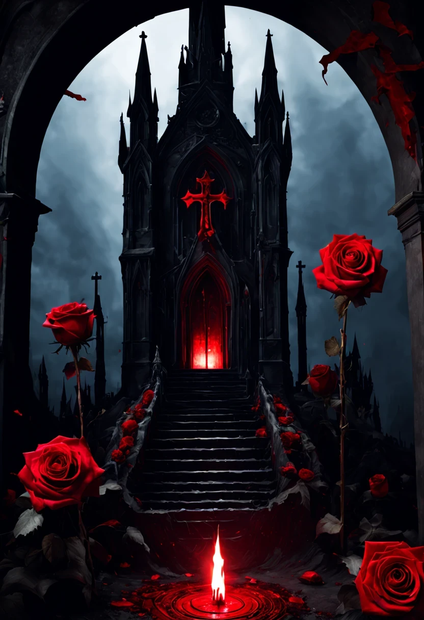 （Messenger from hell：1.4），cross，one个巨大的吸Blood鬼，View of sickle from below，hell，magma，flame，（紫色flame：1.3），There is fresh Blood on the ground，Blood pool，dripping Blood，Gothic aesthetics，one、Rose、castle、cross、Blood、churchyard，gothic style的神秘、solemn and profound，gothic style，gothic style蕾丝的衣服、象征浪漫的Rose、grave、吸Blood鬼、witch、ruins、gothic cathedral，Gothic symbols series