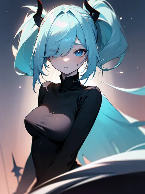 ((masterpiece, best quality, 8K, detailed eyes)),((1girl)), very beautiful girl, soft girl, short girl, solo, ((pale white skin)), (((black simple dress, demon))), (((nighttime, outdoor, town))), twintail hair, ((light Aquamarine hair)), hair over one eye ...