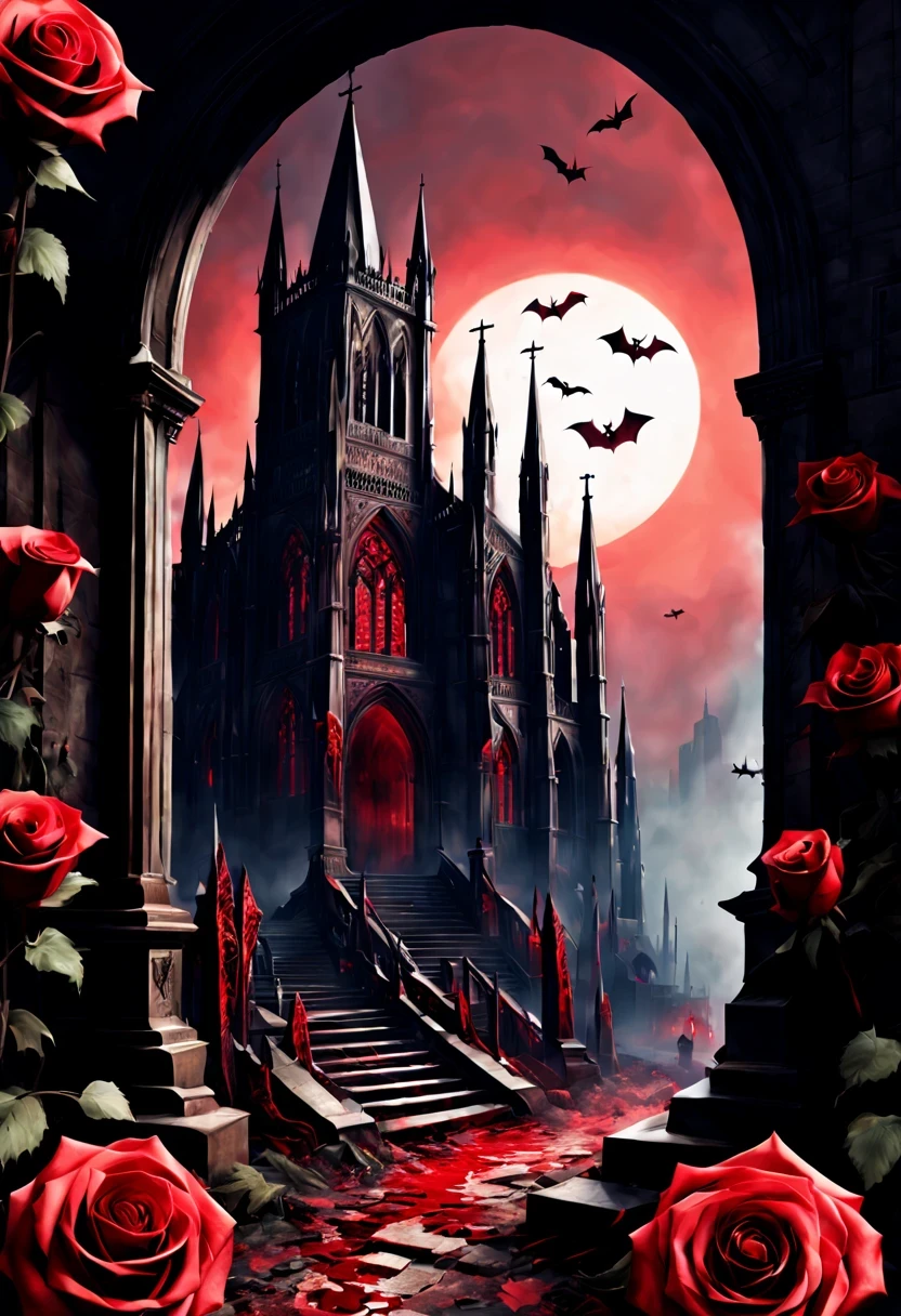 （Messenger from bright：1.4），cross，one个巨大的Blood ghost，View of sickle from below，bright，magma，Flame，（紫色Flame：1.3），There is fresh Blood on the ground，Blood pool，dripping Blood，Gothic aesthetics，one、Rose、castle、cross、Blood、churchyard，The mystery of gothic style、solemn and profound，gothic style，gothic style lace clothes、Rose symbolizes romance、grave、Blood ghost、witch、ruins、gothic cathedral，Gothic symbols series