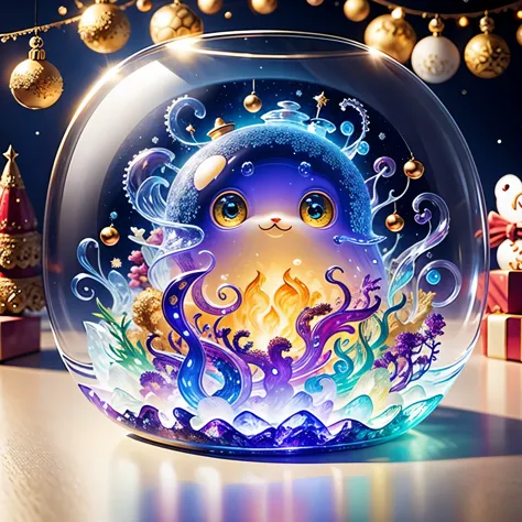 (La best quality,high resolution,super detailed,actual)，Octopus formed from jelly，in the room，Christmas decoration，surrounded by...