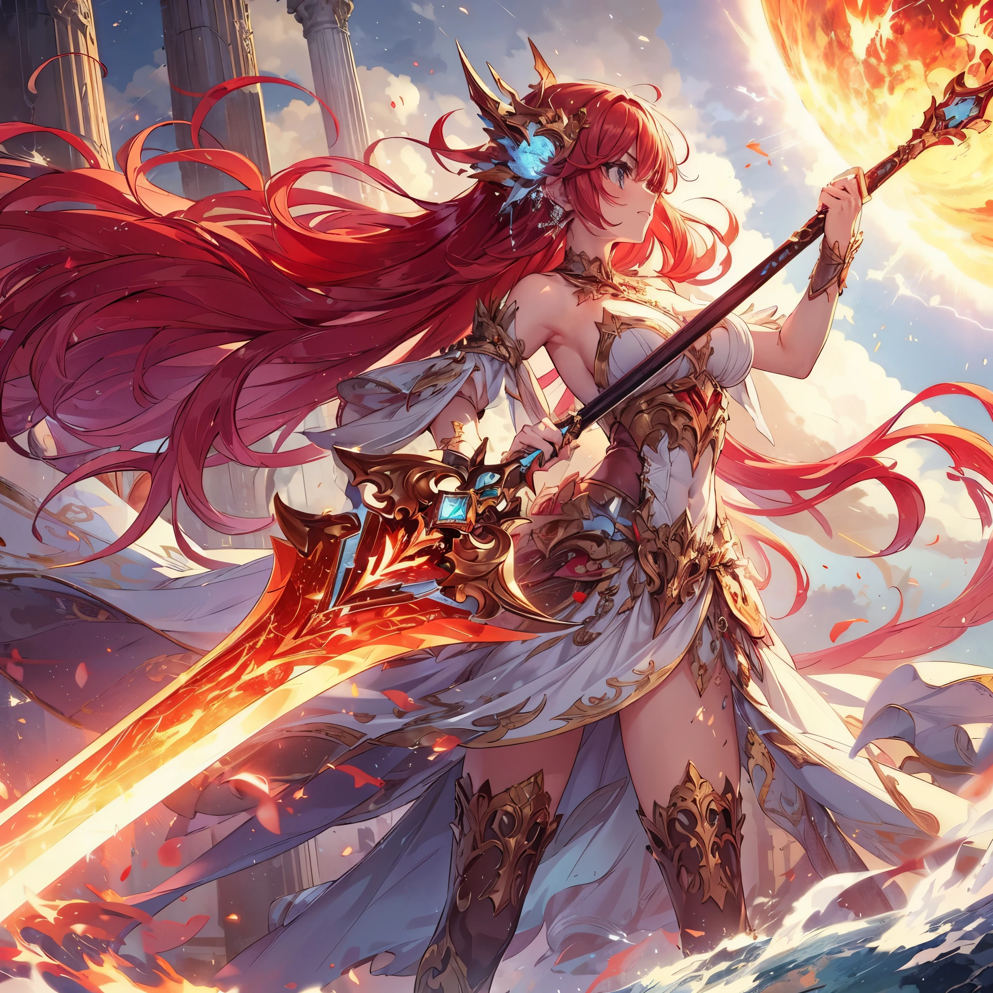 (Obra maestra), mejor calidad, ojos expresivos, cara perfecta, Ultra detallado, 1 chica, solo, a goddess holding a enorme espada,cabello rojo, espada de llama, postura de lucha, ángulo dinámico, ataque battle form, sosteniendo una espada gigante, agarre , ataque,deslumbrador,  Primeros planos de armas., enorme espada, espada adornada, lleno de impulso, cielo agrietado, truenos y relámpagos, planeta explotando