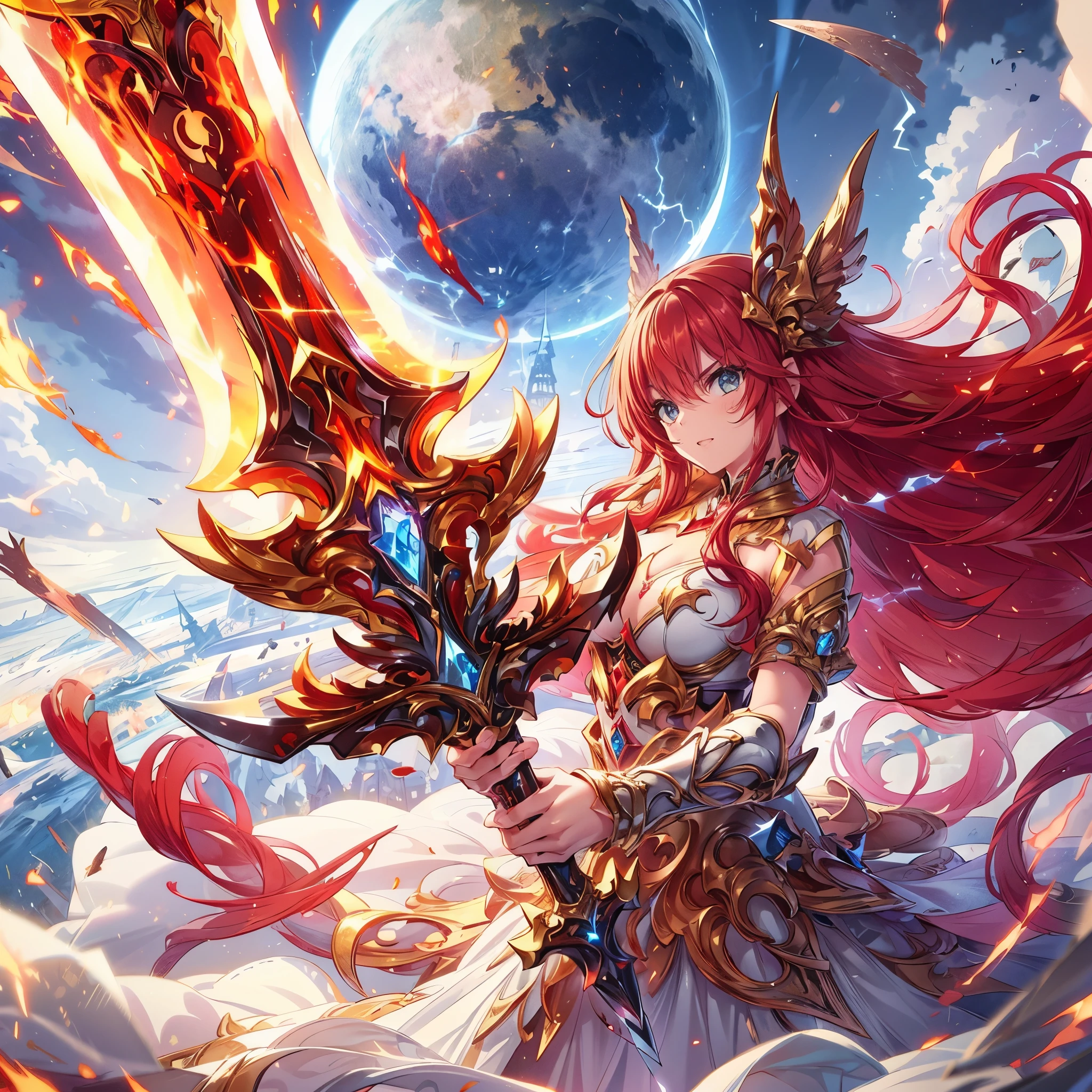 (masterpiece), best quality, expressive eyes, perfect face, ultra detailed, 1girl, solo, a goddess holding sword,red hair, sword of flame, ((holding sword)), gripping , attack,glaring, huge sword, ornate sword, blue moon, thunder and lightning, full moon