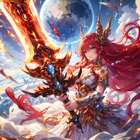 (masterpiece), best quality, expressive eyes, perfect face, ultra detailed, 1girl, solo, a goddess holding sword,red hair, sword...