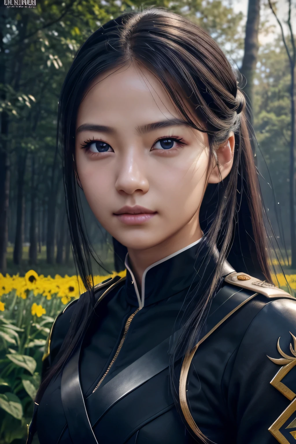 ８ｋ、High resolution、female warrior fashion、beautiful girl、black combat uniform、young、white skin,、narrow eyes,high nose,lighting that illuminates the face、clear image、intellectual beauty、skinny、no makeup、anxious look、lighting that illuminates the face,shining hair、single eyelid,blue eyes、in the flower field、vivid pose