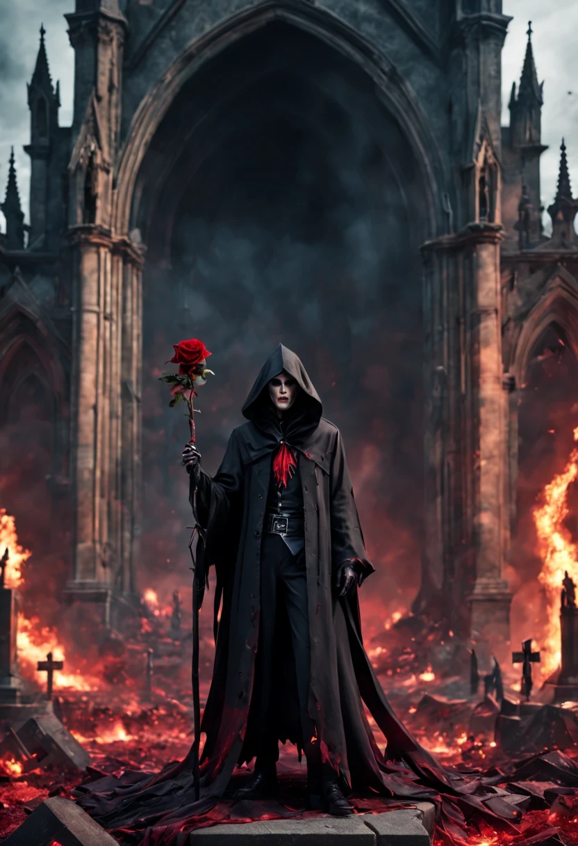 （Messenger from bright：1.4），A huge god of death，View of sickle from below，bright，magma，Flame，（紫色Flame：1.3），There is fresh Blood on the ground，Blood pool，dripping Blood，Gothic aesthetics，one、Rose、castle、cross、Blood、churchyard，The mystery of gothic style、solemn and profound，gothic style，gothic style lace clothes、Rose symbolizes romance、grave、Blood ghost、witch、ruins、gothic cathedral，Gothic symbols series