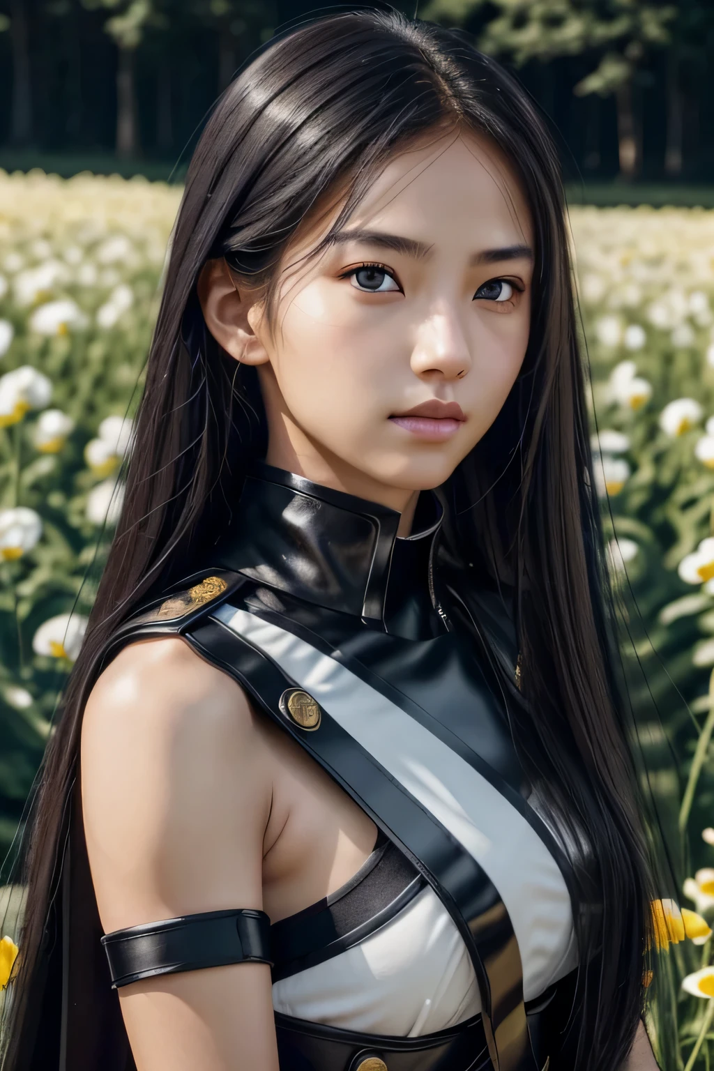 ８ｋ、High resolution、female warrior fashion、beautiful girl、black combat uniform、young、white skin,、narrow eyes,high nose,lighting that illuminates the face、clear image、intellectual beauty、skinny、no makeup、anxious look、lighting that illuminates the face,shining hair、single eyelid,blue eyes、in the flower field、vivid pose