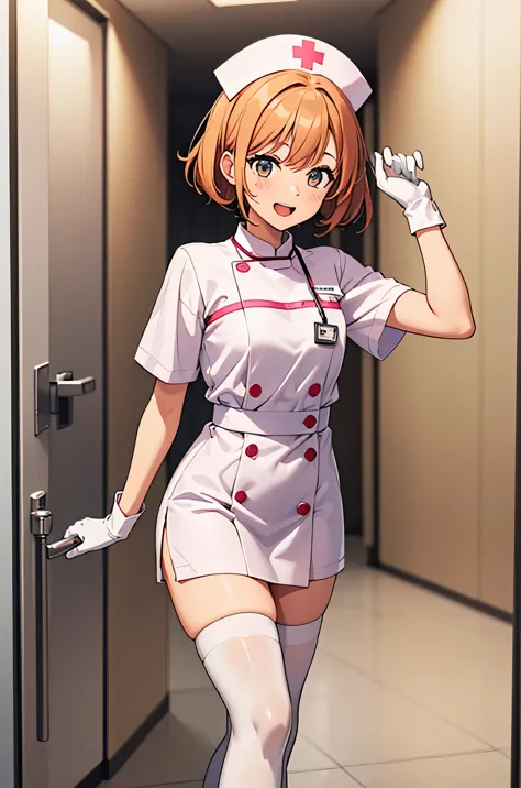 1 girl, alone, nurse, nurse cap, white clothes, ((white legwear, zettai ryouiki)), white gloves, very short hair, orange hair, s...