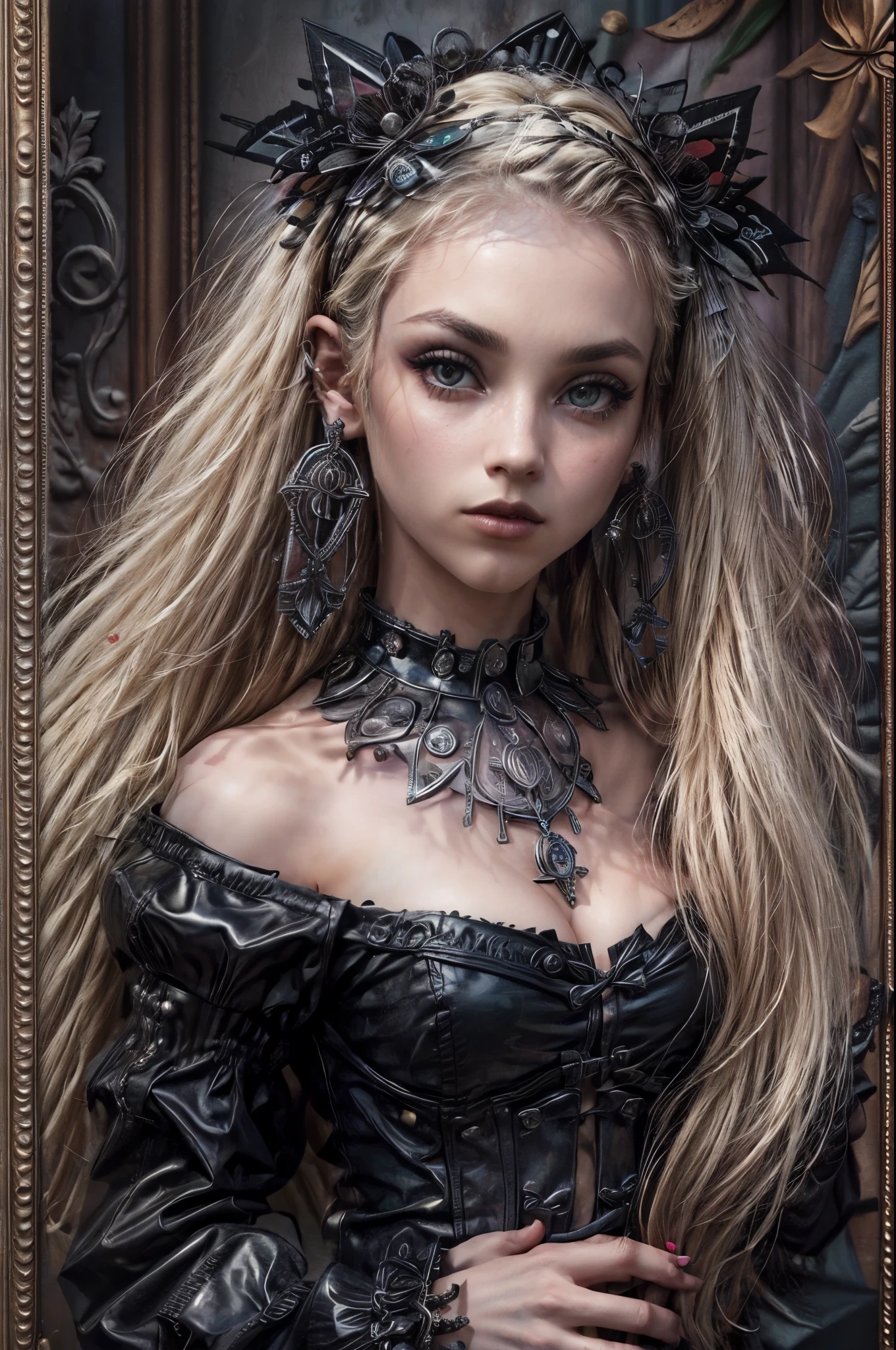 a goth picture of Barbie as a gothic queen (best details, Masterpiece, best quality :1.5), ultra detailed face (best details, Masterpiece, best quality :1.5), ultra feminine (best details, Masterpiece, best quality :1.5), wearing latex black mini dress, black stockings, pink high heels hihelz, long braided hair, hair pulled back, blond hair, dynamic goth background (best details, Masterpiece, best quality :1.5), ultra best realistic pictures , best details, best quality, 16k, [ultra detailed], masterpiece, best quality, (extremely detailed), ultra wide shot, photorealism, depth of field, hyper realistic painting, wearing collar