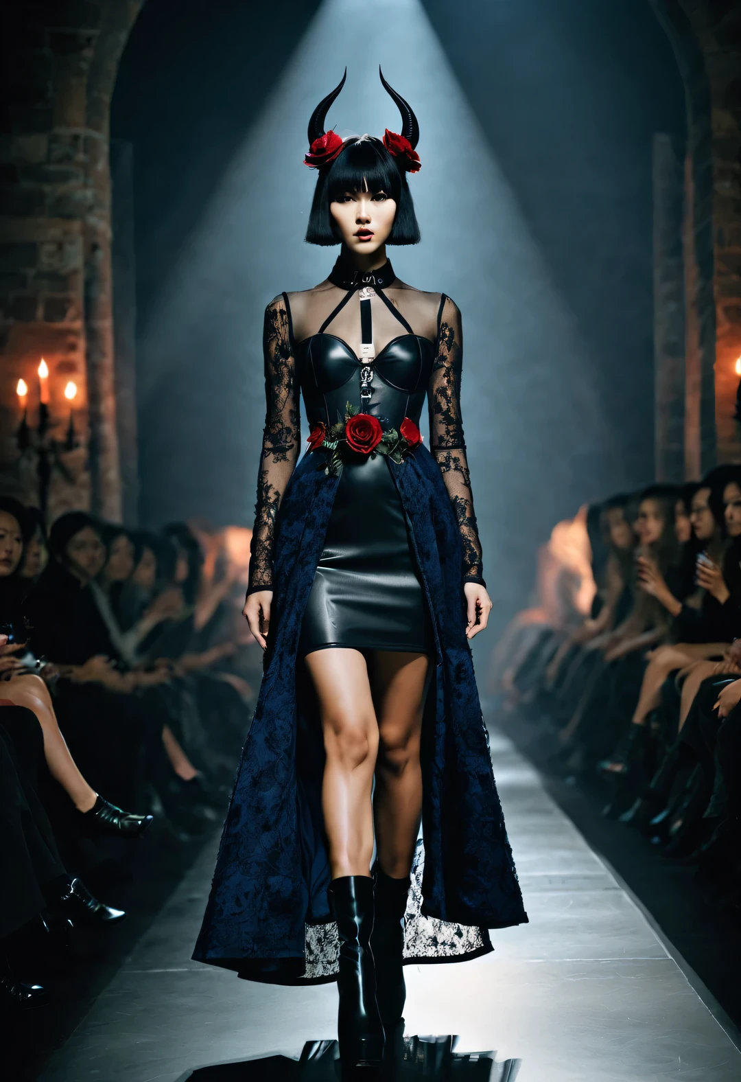 Wunderschönes Kleid im Gothic-Stil，（internationale Modewoche Modenschau Performance），schönes Modell，，Traum，Verwenden Sie den Glow-Fotografiestil，Schwarz色的装扮、dunkel色的口红和苍白的面容等，Westeuropäischer klassischer Stil，Teufel、unpopuläre Religion、Das、Punk，
Kragen，offenbaren ohne zu offenbaren，Kurve，纵向dünn und lang，wunderschön，Schwarz色丝绒，fit und eng，Spitzwinkliges Dreieck，rationalisieren，Schwarz，rot marine，dunkel，Spitze，net，aus PVC,Radiergummi，Leder，Spitze，Abzeichen，Rosen，dünn und lang，华丽Kurve，Religiöse Elemente。offenbaren ohne zu offenbaren，scharfe Eckform，
Hintergrund：MeDasval castle style design of indoor catwalk