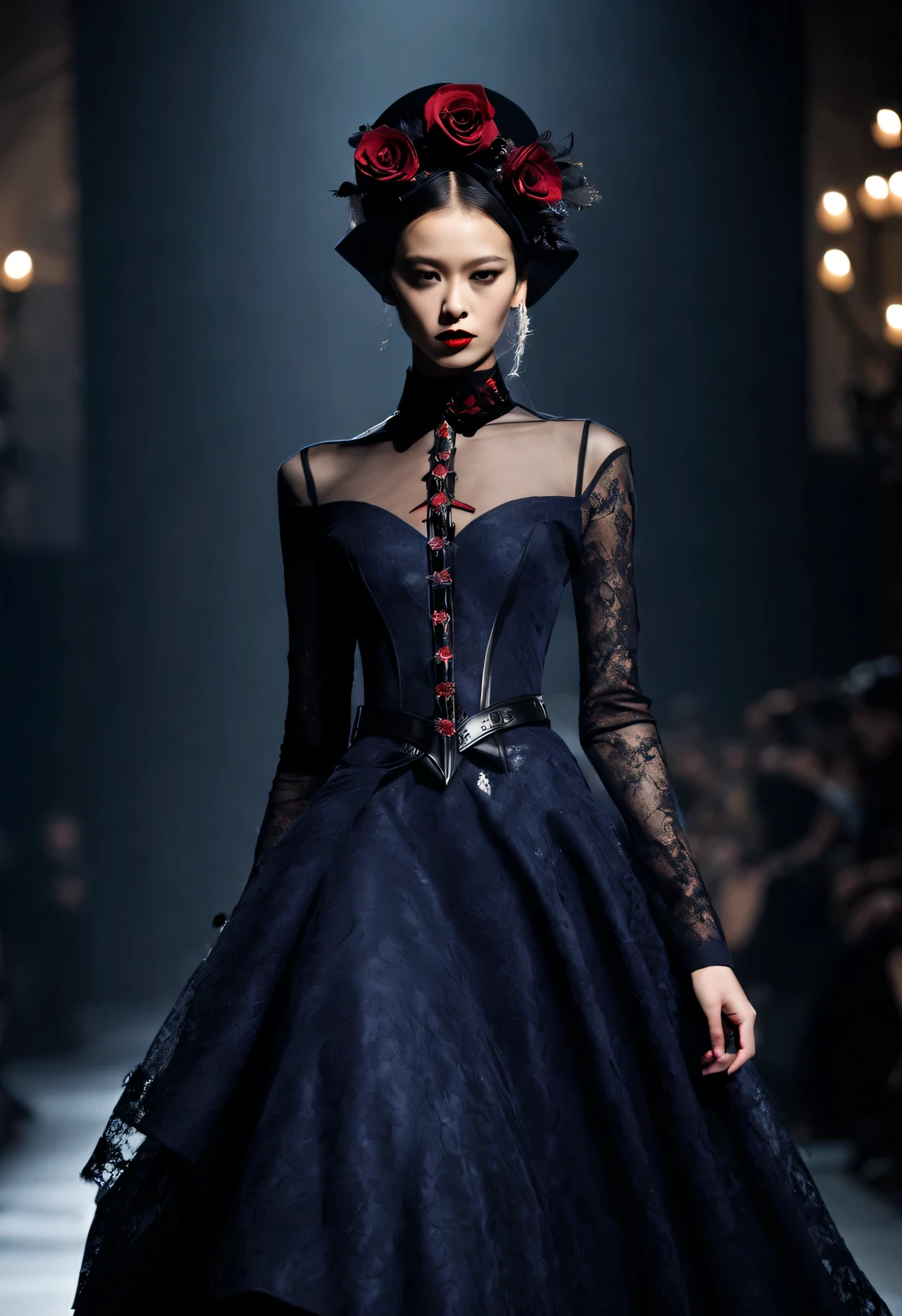 Gothic art gorgeous dress，（international fashion week fashion show performance），beautiful model，，Dream，Use the Glow Photography Style，Black色的装扮、dark色的口红和苍白的面容等，Western European classical style，devil、unpopular religion、this、Punk collar，reveal without revealing，curve，纵向thin and long，Gorgeous，Black色丝绒，fit and tight，Acute triangle，straight line，streamline，Black，red navy，dark，lace，net，PVC,eraser，leather，lace，badge，roses，thin and long，华丽curve，Religious elements。reveal without revealing，sharp corner shape，
background：Methisval castle style design of indoor catwalk