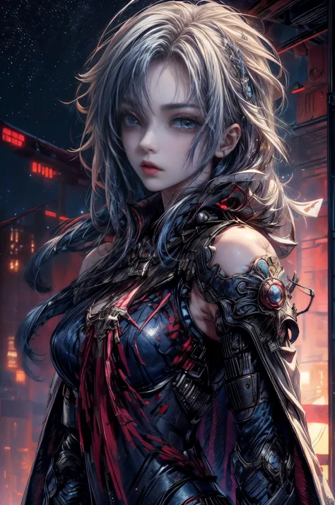 cinematic lighting、highest quality,cyberpunk world、1 female、(20 year old beautiful woman、Detailed beautiful facial features、shoulder length hair、blue hair、Very detailed and beautiful blue eyes:1.4)break,medium hair、（明るいblue hair、shining hair）（See here、ches...