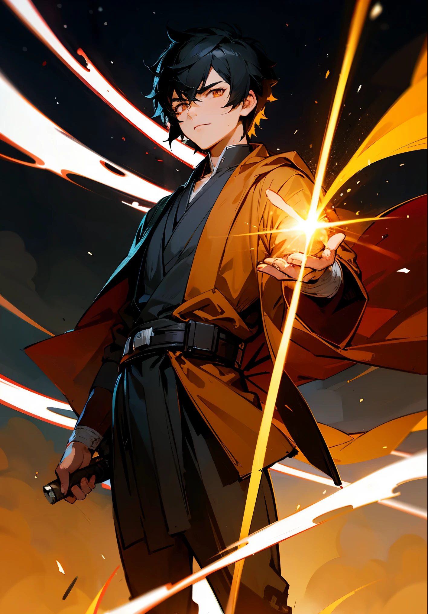 1male, Adult, Perfect Generation, Masterpiece Quality, Black Hair, Short Hair, Orange Eyes, Dark Background, Black and White Jedi Clothes, Star Wars, Standing On Path