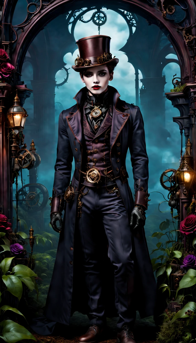 (gothic aesthetic,Victorian-inspired,steampunk,dark,romantic,haunting,) In a dark, mysterious setting, a boy with a Victorian-inspired outfit stands in a gothic garden. He has beautifully detailed eyes, with long eyelashes that draw attention. Her lips are also detailed, adding to her alluring presence. The bouy's face is extremely detailed, with delicate features that showcase her elegance. He exudes a sense of mystery and romance. The garden is filled with lush, overgrown vegetation, creating a haunting atmosphere. The plants are intertwined with mechanical elements, giving the garden a steampunk twist. The sky above is a deep, dark blue, complementing the gothic ambiance. The artwork is of the highest quality, with intricate details that can be seen even at the highest resolution, such as 4k or 8k. Every element is captured with ultra-detailed precision, creating a realistic and photorealistic feel. The lighting is reminiscent of studio lighting, with dramatic shadows that enhance the mysterious vibe of the scene. The colors used in the artwork are vivid, with a color palette that leans towards dark and moody tones. Shades of deep red, purple, and black dominate the image, adding to the gothic aesthetic. The overall color scheme contributes to the haunting and romantic atmosphere. In this gothic-inspired scene, the combination of Victorian elements, steampunk influences, and dark aesthetics creates a captivating visual experience. It transports the viewer to a world where technology merges with the elegance and mystery of the Victorian era, fueling the imagination with endless possibilities.