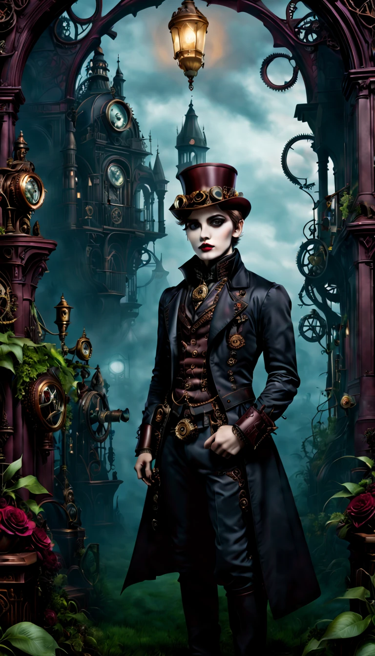 (gotische Ästhetik,Viktorianisch inspiriert,steampunk,dunkel,romantisch,eindringlich,) In a dunkel, mysteriöse Kulisse, a boy with a Viktorianisch inspiriert outfit stands in a gothic garden. Er hat wunderschön detaillierte Augen, mit langen Wimpern, die die Aufmerksamkeit auf sich ziehen. Auch ihre Lippen sind detailliert, noch mehr zu ihrer verführerischen Präsenz. Das Gesicht der Boje ist äußerst detailliert, mit zarten Gesichtszügen, die ihre Eleganz zur Geltung bringen. Er strahlt ein Gefühl von Geheimnis und Romantik aus. Der Garten ist voller üppiger, überwucherte Vegetation, creating a eindringlich atmosphere. Die Pflanzen sind mit mechanischen Elementen verflochten, dem Garten einen Steampunk-Touch verleihen. Der Himmel darüber ist tief, dunkel blue, ergänzt das gotische Ambiente. Das Kunstwerk ist von höchster Qualität, mit komplizierten Details, die selbst bei höchster Auflösung sichtbar sind, such as 4k or 8k. Jedes Element wird mit höchster Detailgenauigkeit erfasst, Schaffen eines realistischen und fotorealistischen Gefühls. Die Beleuchtung erinnert an Studiobeleuchtung, mit dramatischen Schatten, die die mysteriöse Atmosphäre der Szene verstärken. Die im Kunstwerk verwendeten Farben sind lebendig, with a color palette that leans towards dunkel and moody tones. Schattierungen von tiefem Rot, lila, und Schwarz dominieren das Bild, adding to the gotische Ästhetik. The overall color scheme contributes to the eindringlich and romantisch atmosphere. In dieser gotisch inspirierten Szene, die Kombination viktorianischer Elemente, Steampunk-Einflüsse, and dunkel aesthetics creates a captivating visual experience. Es entführt den Betrachter in eine Welt, in der Technologie mit der Eleganz und dem Mysterium der viktorianischen Ära verschmilzt, Beflügelt die Fantasie mit endlosen Möglichkeiten.