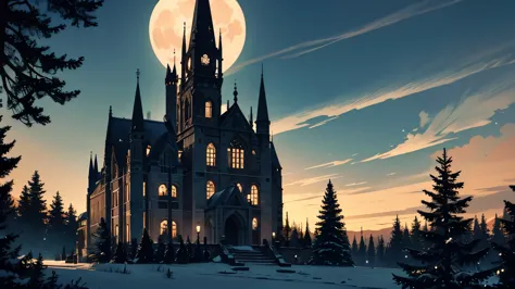 A large beautiful Gothic manor surrounded by conifer trees and red rose bushes accentuated by a large moon hanging in the sky, n...