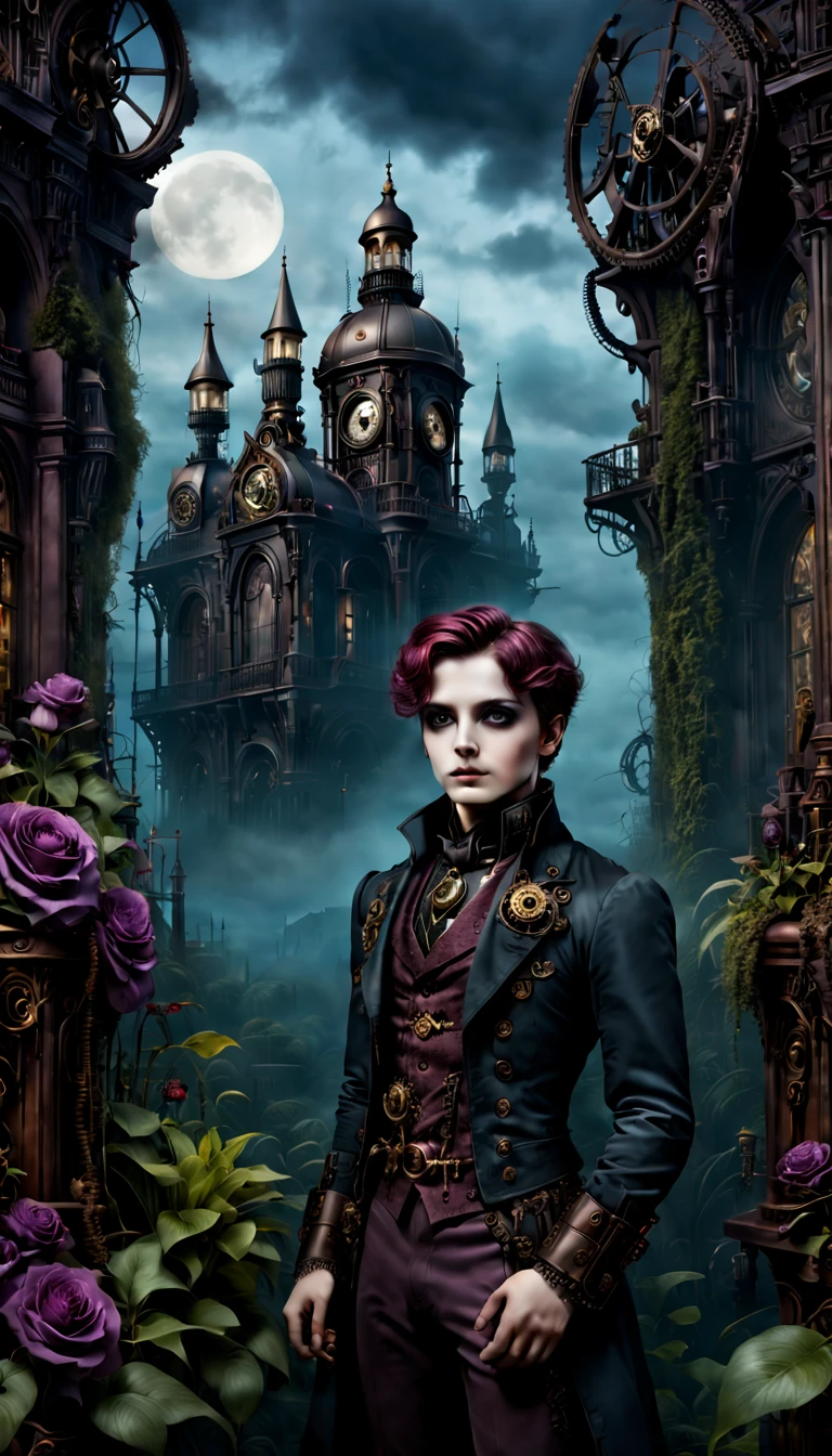 (gothic aesthetic,Victorian-inspired,steampunk,dark,romantic,haunting,) In a dark, mysterious setting, a boy with a Victorian-inspired outfit stands in a gothic garden. He has beautifully detailed eyes, with long eyelashes that draw attention. Her lips are also detailed, adding to her alluring presence. The bouy's face is extremely detailed, with delicate features that showcase her elegance. He exudes a sense of mystery and romance. The garden is filled with lush, overgrown vegetation, creating a haunting atmosphere. The plants are intertwined with mechanical elements, giving the garden a steampunk twist. The sky above is a deep, dark blue, complementing the gothic ambiance. The artwork is of the highest quality, with intricate details that can be seen even at the highest resolution, such as 4k or 8k. Every element is captured with ultra-detailed precision, creating a realistic and photorealistic feel. The lighting is reminiscent of studio lighting, with dramatic shadows that enhance the mysterious vibe of the scene. The colors used in the artwork are vivid, with a color palette that leans towards dark and moody tones. Shades of deep red, purple, and black dominate the image, adding to the gothic aesthetic. The overall color scheme contributes to the haunting and romantic atmosphere. In this gothic-inspired scene, the combination of Victorian elements, steampunk influences, and dark aesthetics creates a captivating visual experience. It transports the viewer to a world where technology merges with the elegance and mystery of the Victorian era, fueling the imagination with endless possibilities.