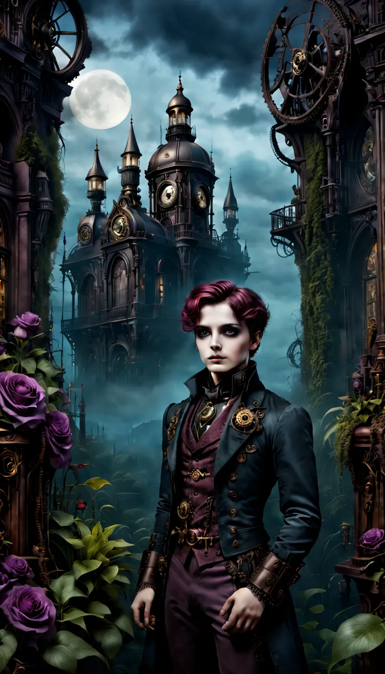 (gothic aesthetic,Victorian-inspired,steampunk,dark,romantic,haunting,) In a dark, mysterious setting, a boy with a Victorian-in...