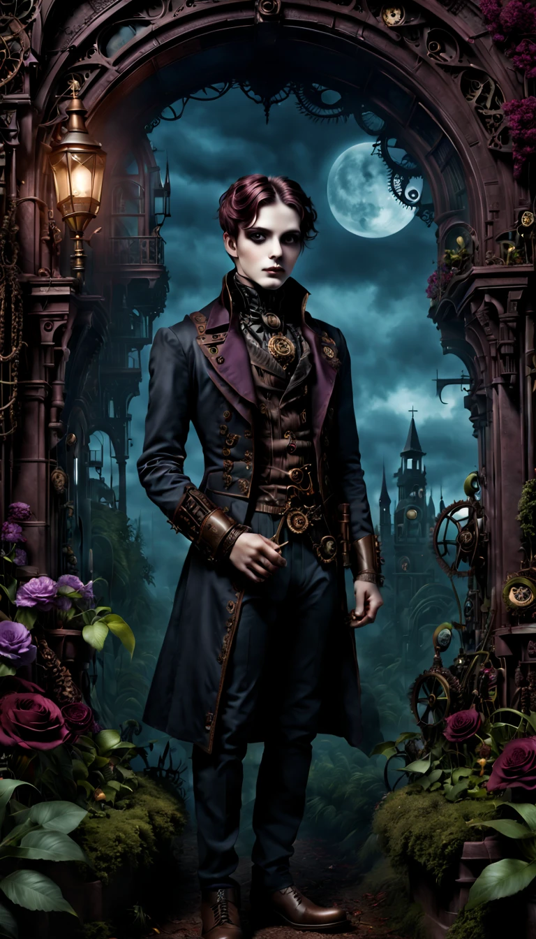 (gothic aesthetic,Victorian-inspired,steampunk,dark,romantic,haunting,) In a dark, mysterious setting, a boy with a Victorian-inspired outfit stands in a gothic garden. He has beautifully detailed eyes, with long eyelashes that draw attention. Her lips are also detailed, adding to her alluring presence. The bouy's face is extremely detailed, with delicate features that showcase her elegance. He exudes a sense of mystery and romance. The garden is filled with lush, overgrown vegetation, creating a haunting atmosphere. The plants are intertwined with mechanical elements, giving the garden a steampunk twist. The sky above is a deep, dark blue, complementing the gothic ambiance. The artwork is of the highest quality, with intricate details that can be seen even at the highest resolution, such as 4k or 8k. Every element is captured with ultra-detailed precision, creating a realistic and photorealistic feel. The lighting is reminiscent of studio lighting, with dramatic shadows that enhance the mysterious vibe of the scene. The colors used in the artwork are vivid, with a color palette that leans towards dark and moody tones. Shades of deep red, purple, and black dominate the image, adding to the gothic aesthetic. The overall color scheme contributes to the haunting and romantic atmosphere. In this gothic-inspired scene, the combination of Victorian elements, steampunk influences, and dark aesthetics creates a captivating visual experience. It transports the viewer to a world where technology merges with the elegance and mystery of the Victorian era, fueling the imagination with endless possibilities.